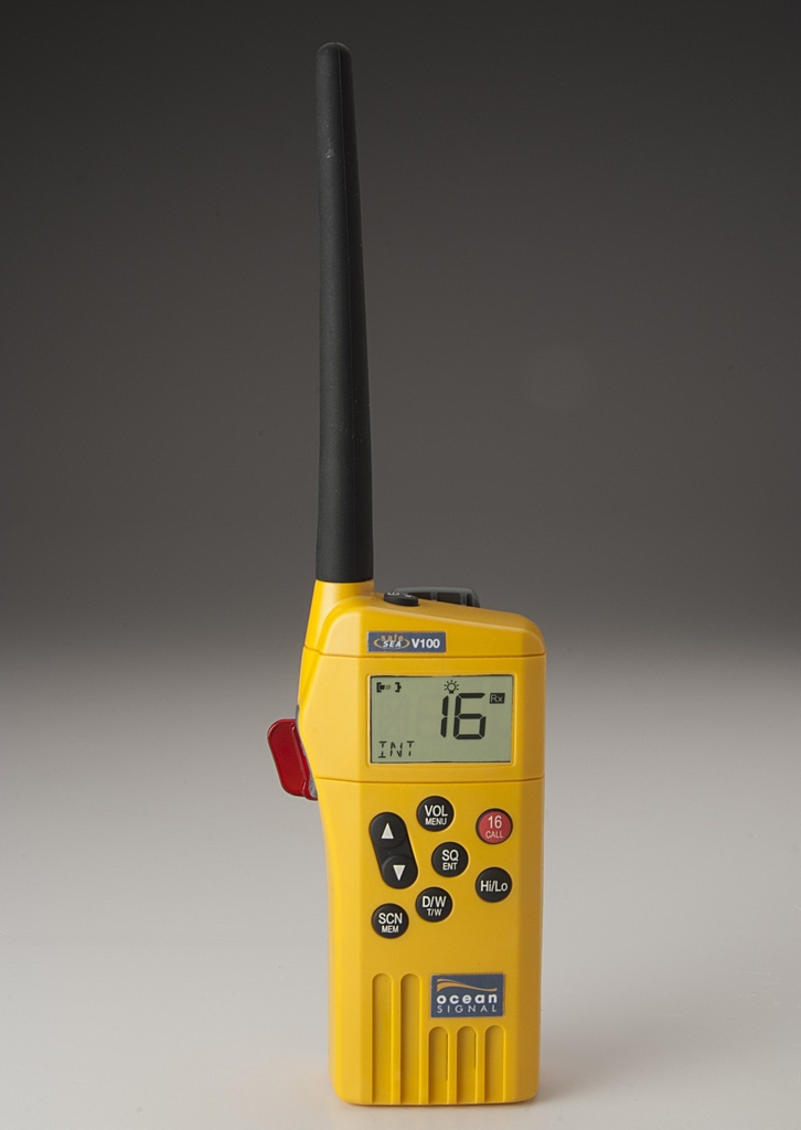 SafeSea V100 GMDSS handheld VHF radio includes a Lithium Polymer rechargeable battery and charging kit